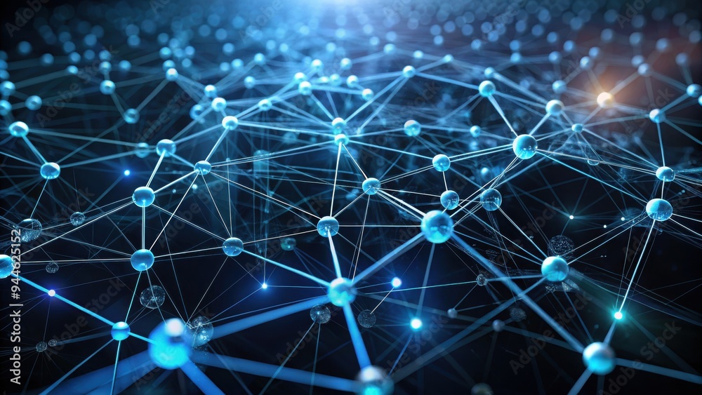 A breathtaking network of interconnected blue spheres and lines illuminated by a cosmic glow, symbolizing advanced technology and communication in a digital landscape. Generative AI