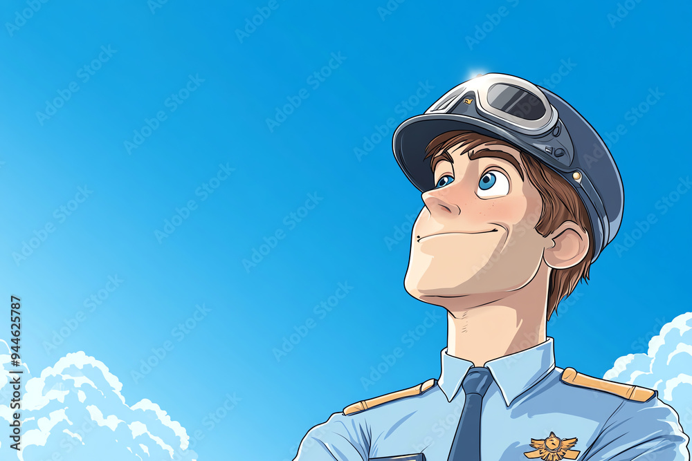 An animated character of a pilot looking up at the sky with determination, showcasing confidence and adventure. An animated character of a pilot looking up at the sky with determination, showcasing confidence and adventure.