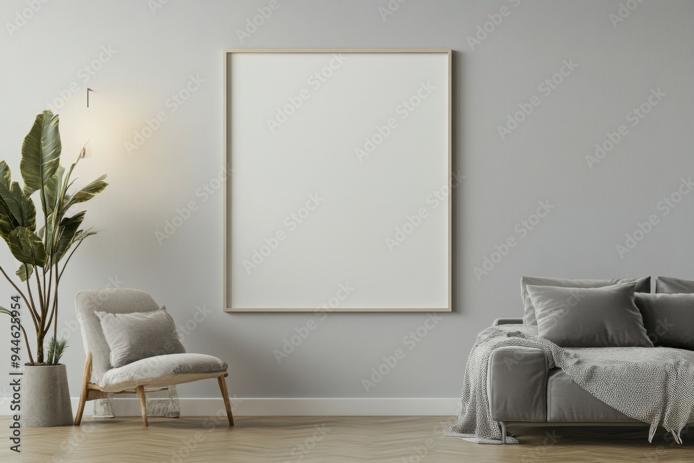 Fototapeta premium An empty frame mockup showcased in an elegant Nordic living room with soft cinematic lighting illuminating the minimalist design and cozy atmosphere.