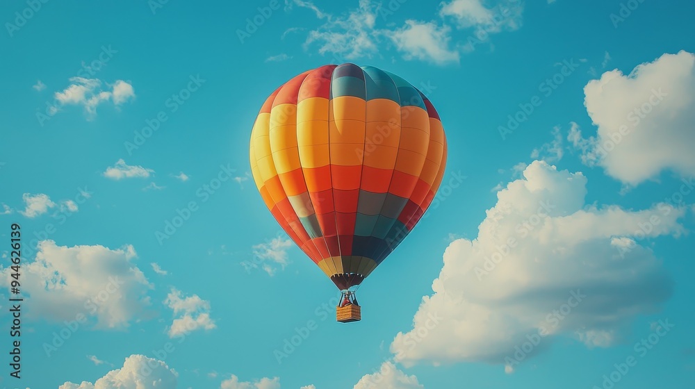 Whimsical and colorful pop art hot air balloon, vibrant patterns, playful composition, floating adventure::1.6 wicker basket, blue sky, cloud scenery, aerial view, dreamlike journey Whimsical and colorful pop art hot air balloon, vibrant patterns, playful composition, floating adventure::1.6 wicker basket, blue sky, cloud scenery, aerial view, dreamlike journey