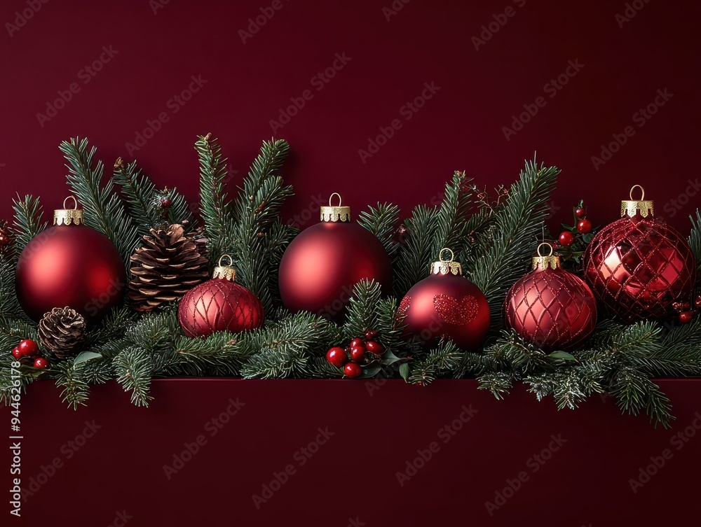 minimalist flat lay of modern christmas elements on deep crimson background geometric ornaments stylized greenery and sleek metallic accents create a chic holiday vibe minimalist flat lay of modern christmas elements on deep crimson background geometric ornaments stylized greenery and sleek metallic accents create a chic holiday vibe