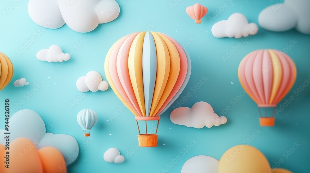 Naklejka premium Whimsical and colorful pop art hot air balloon, vibrant patterns, playful composition, floating adventure::1.6 wicker basket, blue sky, cloud scenery, aerial view, dreamlike journey