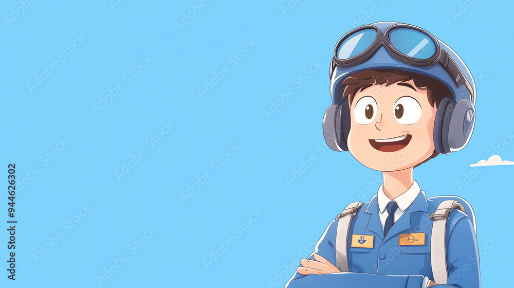 Cheerful cartoon pilot in uniform with headset, ready to take on the skies against a bright blue background. Cheerful cartoon pilot in uniform with headset, ready to take on the skies against a bright blue background.
