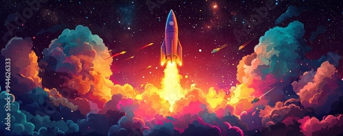 Whimsical and colorful pop art rocket ship, vibrant flames, playful composition, interstellar adventure::1.6 space exploration, stars and galaxies, cosmic journey, futuristic travel photo