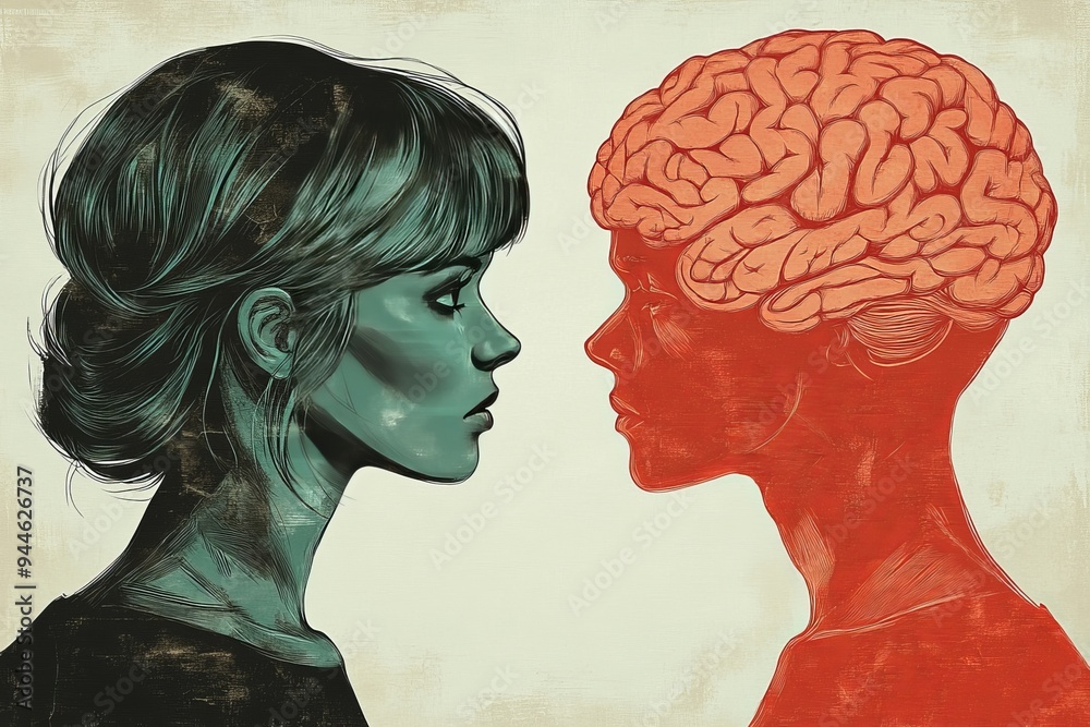 Artistic digital painting of two profiles one realistic and one abstract with a brain filled with nature symbolizing the contrast and harmony between human nature and intellectual thought Artistic digital painting of two profiles one realistic and one abstract with a brain filled with nature symbolizing the contrast and harmony between human nature and intellectual thought