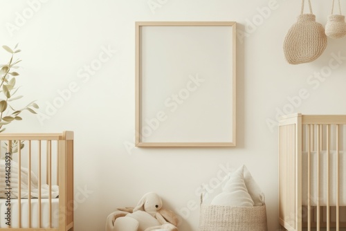 Cozy cabin child bedroom with an empty picture frame on the wall, decorated in warm wooden tones and soft evening lighting for a tranquil atmosphere.