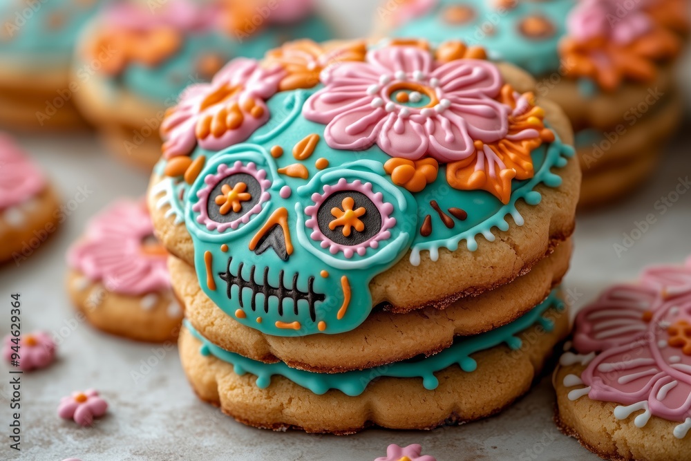 flat lay photography A bunch of sugar skull shaped cookies decorated with flowers, sugar skulls decorated for the Day of the Dead, sugar cookie dia de los muertos theme backdrop flat lay photography A bunch of sugar skull shaped cookies decorated with flowers, sugar skulls decorated for the Day of the Dead, sugar cookie dia de los muertos theme backdrop