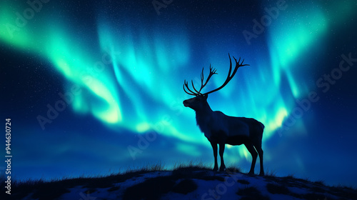 Reindeer standing on a snowy hill with northern lights in the sky photo