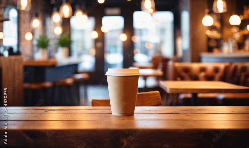 A paper cup of coffee sits on a wooden table in a cafe, ready to be enjoyed A paper cup of coffee sits on a wooden table in a cafe, ready to be enjoyed