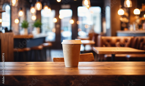 A paper cup of coffee sits on a wooden table in a cafe, ready to be enjoyed