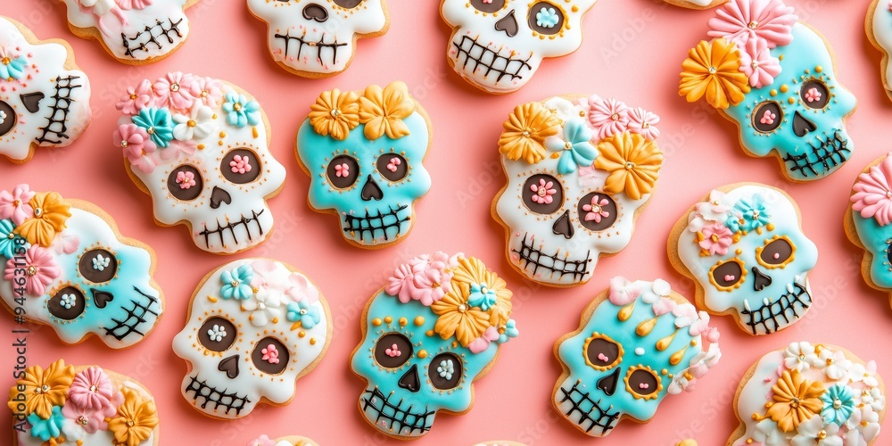 flat lay photography A bunch of sugar skull shaped cookies decorated with flowers, sugar skulls decorated for the Day of the Dead, sugar cookie dia de los muertos theme backdrop flat lay photography A bunch of sugar skull shaped cookies decorated with flowers, sugar skulls decorated for the Day of the Dead, sugar cookie dia de los muertos theme backdrop