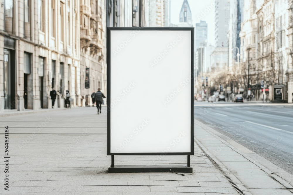 Mockup street billboard in front of modern glass building with natural reflections during soft morning light. Mockup street billboard in front of modern glass building with natural reflections during soft morning light.