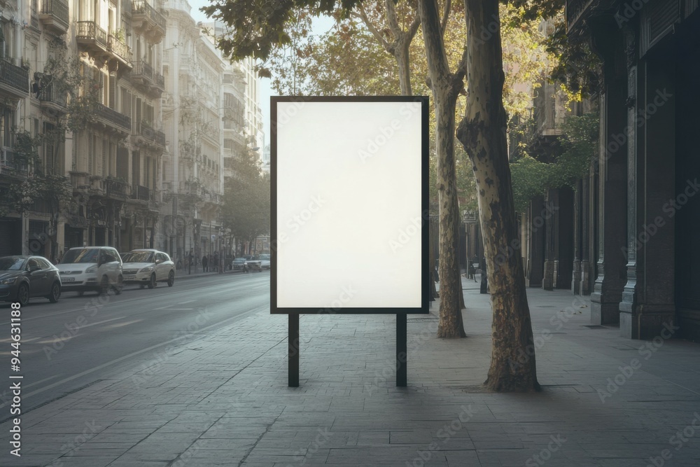 Mockup street billboard in front of modern glass building with natural reflections during soft morning light. Mockup street billboard in front of modern glass building with natural reflections during soft morning light.