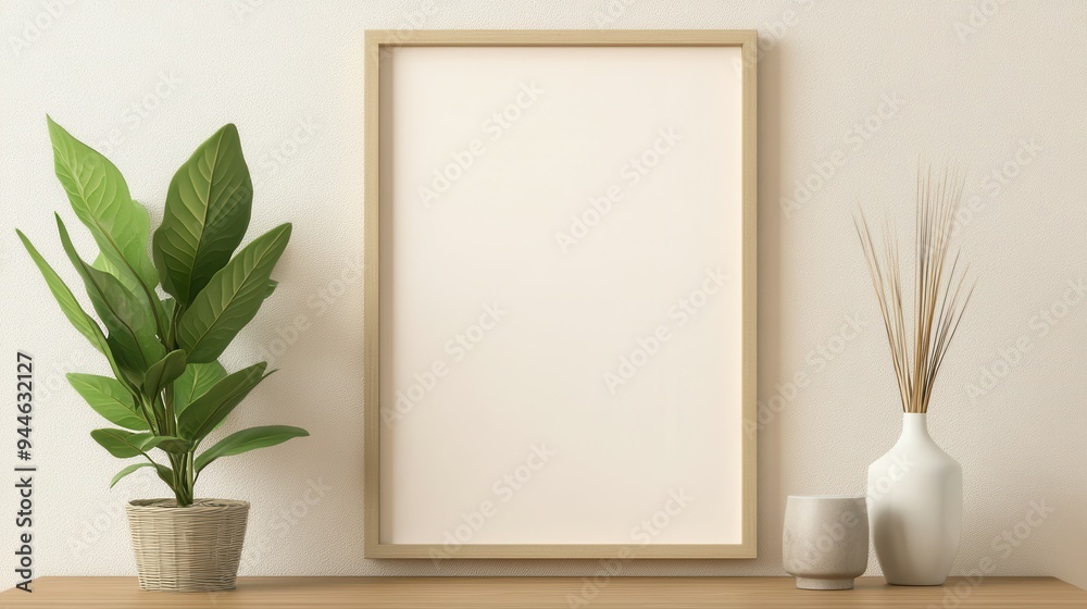 Blank landscape frame mockup centered in a modern dining room, surrounded by greenery and a simple table setting, ideal for interior design presentations. Blank landscape frame mockup centered in a modern dining room, surrounded by greenery and a simple table setting, ideal for interior design presentations.