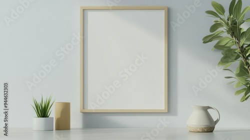 Blank landscape frame mockup centered in a modern dining room, surrounded by greenery and a simple table setting, ideal for interior design presentations.