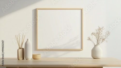 Blank landscape frame mockup centered in a modern dining room, surrounded by greenery and a simple table setting, ideal for interior design presentations.