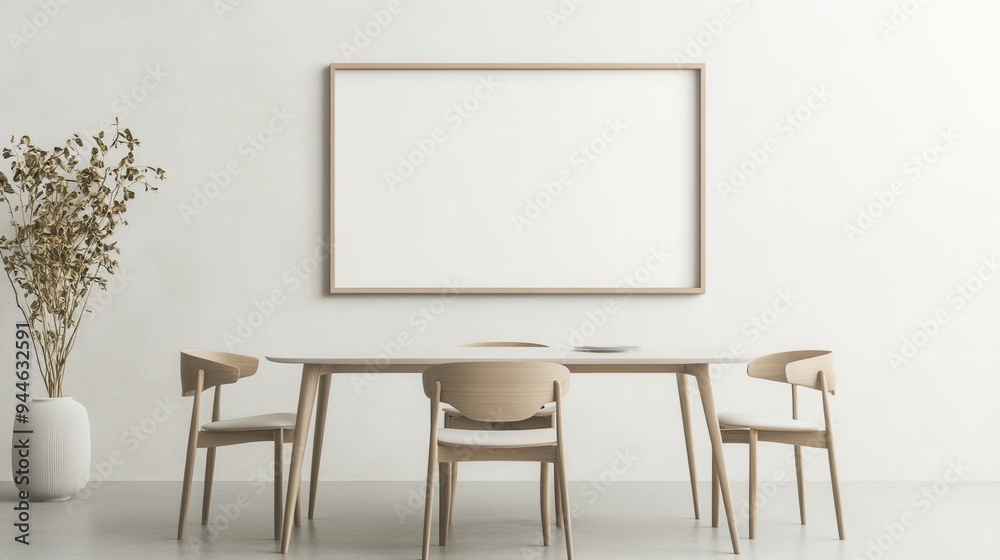 Blank landscape frame mockup centered in a modern dining room, surrounded by greenery and a simple table setting, ideal for interior design presentations. Blank landscape frame mockup centered in a modern dining room, surrounded by greenery and a simple table setting, ideal for interior design presentations.