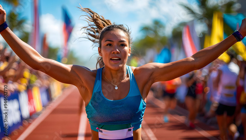 A victorious woman wins the Atlantic event, symbolizing joy, happiness, victory, dedication, and celebration in a moment of triumph and achievement, expressing pure emotion and success.