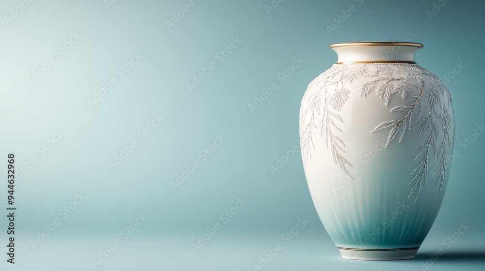 An elegant vase embellished with fine beadwork, featuring intricate designs of flowers and leaves, with a soft gradient background An elegant vase embellished with fine beadwork, featuring intricate designs of flowers and leaves, with a soft gradient background