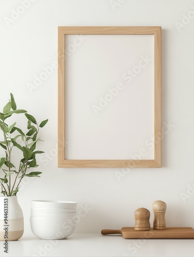 Blank landscape frame mockup centered in a modern dining room, surrounded by greenery and a simple table setting, ideal for interior design presentations.