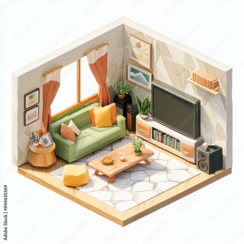 Explore a warm and inviting living room designed in isometric style. The bright sofa, decorative plants, and soothing decor create a perfect space for relaxation and comfort Explore a warm and inviting living room designed in isometric style. The bright sofa, decorative plants, and soothing decor create a perfect space for relaxation and comfort