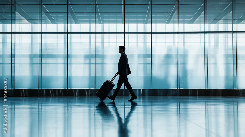 Fototapeta premium Businessman walking in airport terminal with rolling luggage