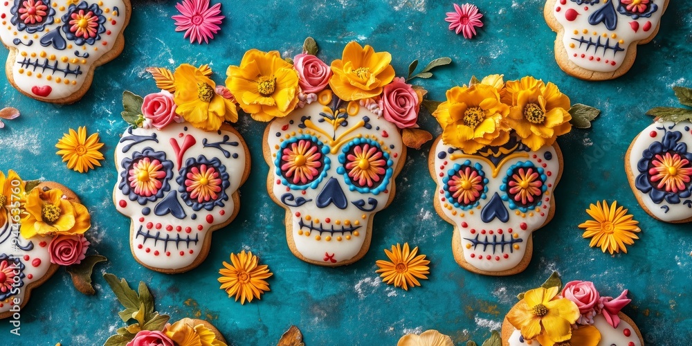 flat lay photography A bunch of sugar skull shaped cookies decorated with flowers, sugar skulls decorated for the Day of the Dead, sugar cookie dia de los muertos theme backdrop flat lay photography A bunch of sugar skull shaped cookies decorated with flowers, sugar skulls decorated for the Day of the Dead, sugar cookie dia de los muertos theme backdrop