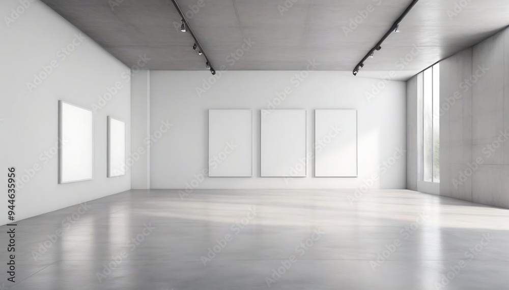 Modern bright gallery with blank white wall background and concrete grey floor. 3D Rendering, mockup created with generative ai Modern bright gallery with blank white wall background and concrete grey floor. 3D Rendering, mockup created with generative ai