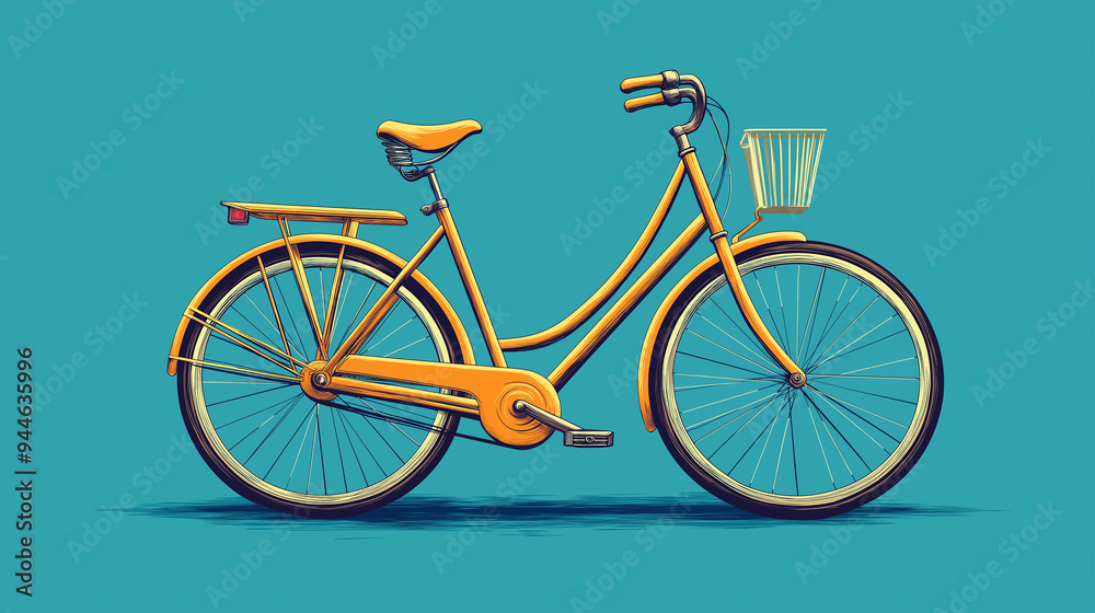 Fototapeta premium Yellow retro bicycle standing on blue background