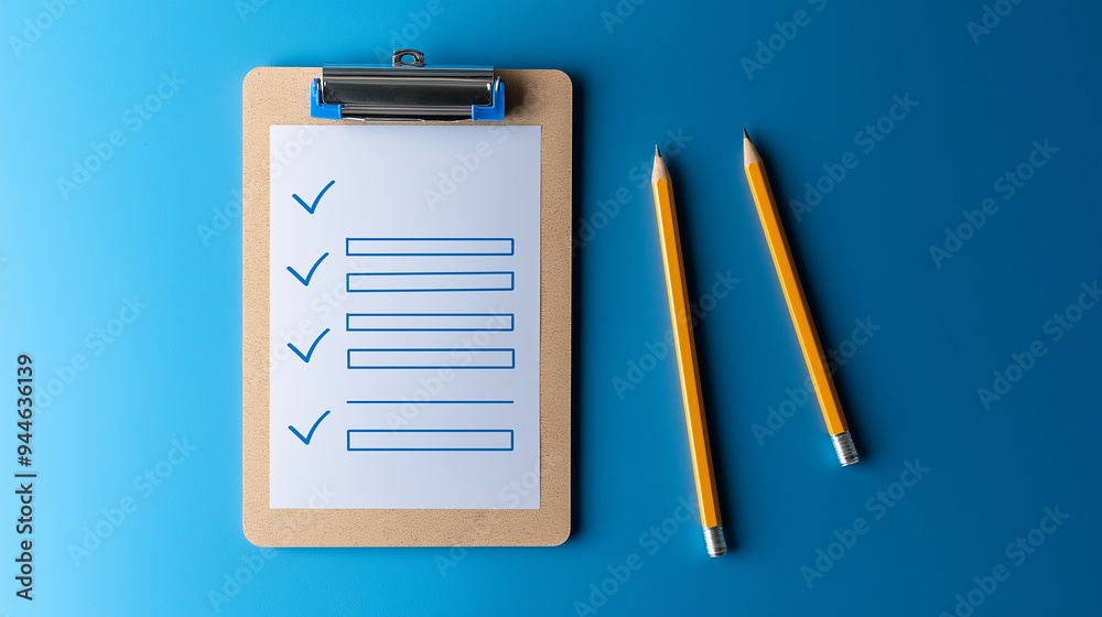Clipboard showing a checklist with pencils on a blue background Clipboard showing a checklist with pencils on a blue background