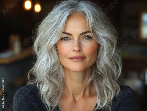 portrait of elegant middleaged woman with striking gray hair exuding confidence and wisdom soft lighting enhancing natural beauty and character