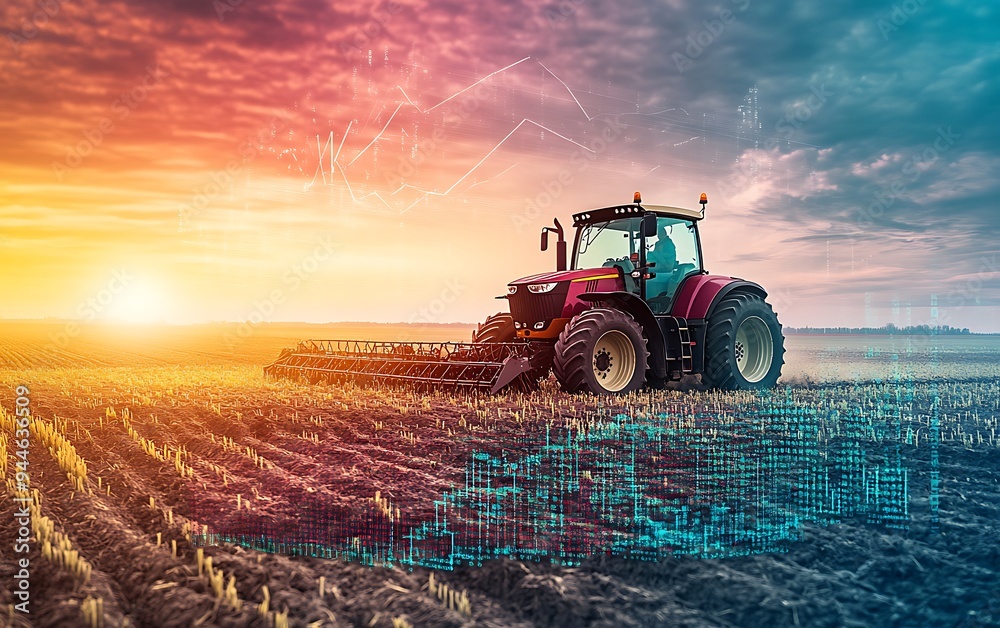 Fototapeta premium Farm with Digital Commodity Prices and Market Trends, Highlighting Agriculture’s Role in Global Market