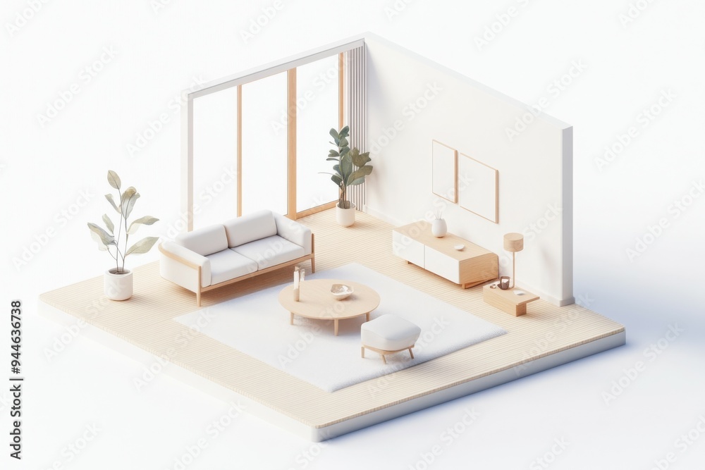 Fototapeta premium This open living room embodies Muji style with its minimalist furniture, abundant natural light, and tranquil ambiance, creating a perfect space for relaxation and comfort. Isometric style room