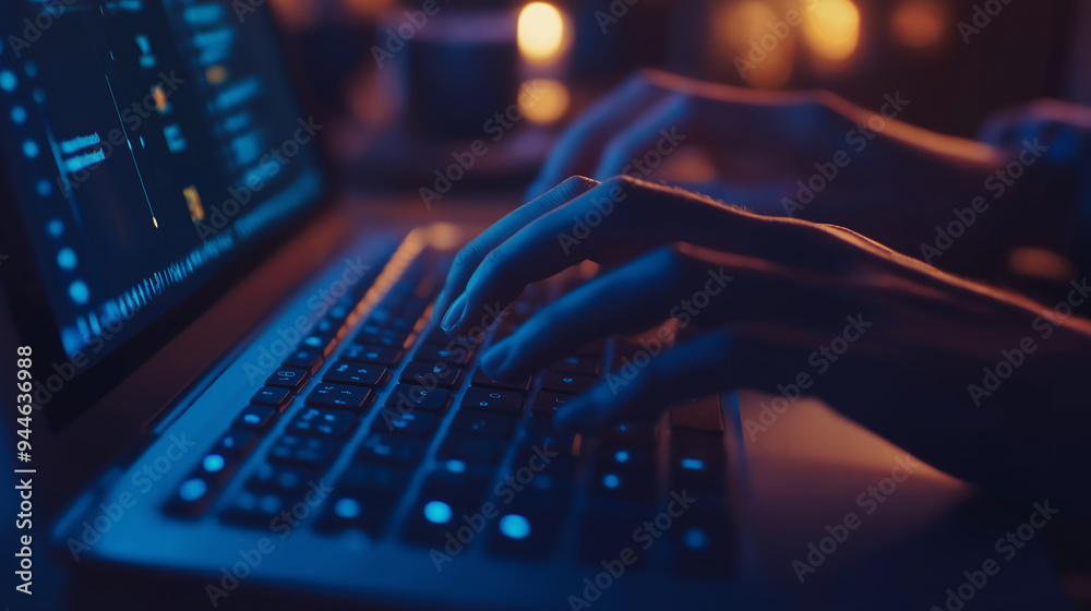 Software developer working late on laptop computer keyboard at night Software developer working late on laptop computer keyboard at night