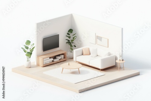 This open living room embodies Muji style with its minimalist furniture, abundant natural light, and tranquil ambiance, creating a perfect space for relaxation and comfort. Isometric style room