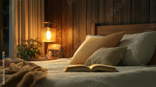 Open book resting on made bed in cozy dark bedroom at night