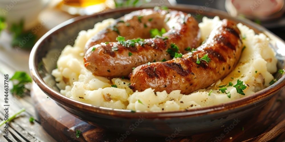 Sausage served with smooth, creamy mashed potatoes Sausage served with smooth, creamy mashed potatoes