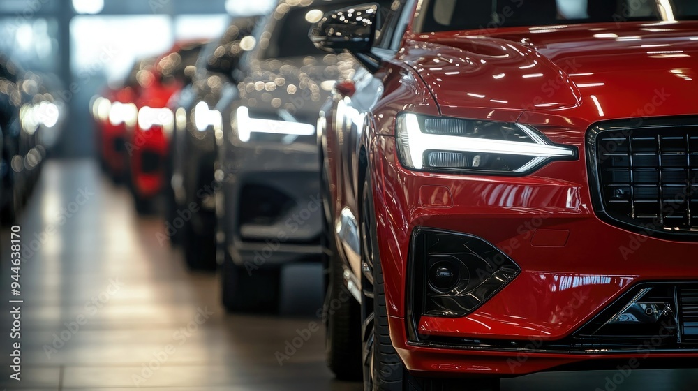 Luxury cars lineup in a showroom, with emphasis on the red car in the front. The background is blurred, highlighting the cars. Concept of luxury, individuality, discrimination Luxury cars lineup in a showroom, with emphasis on the red car in the front. The background is blurred, highlighting the cars. Concept of luxury, individuality, discrimination