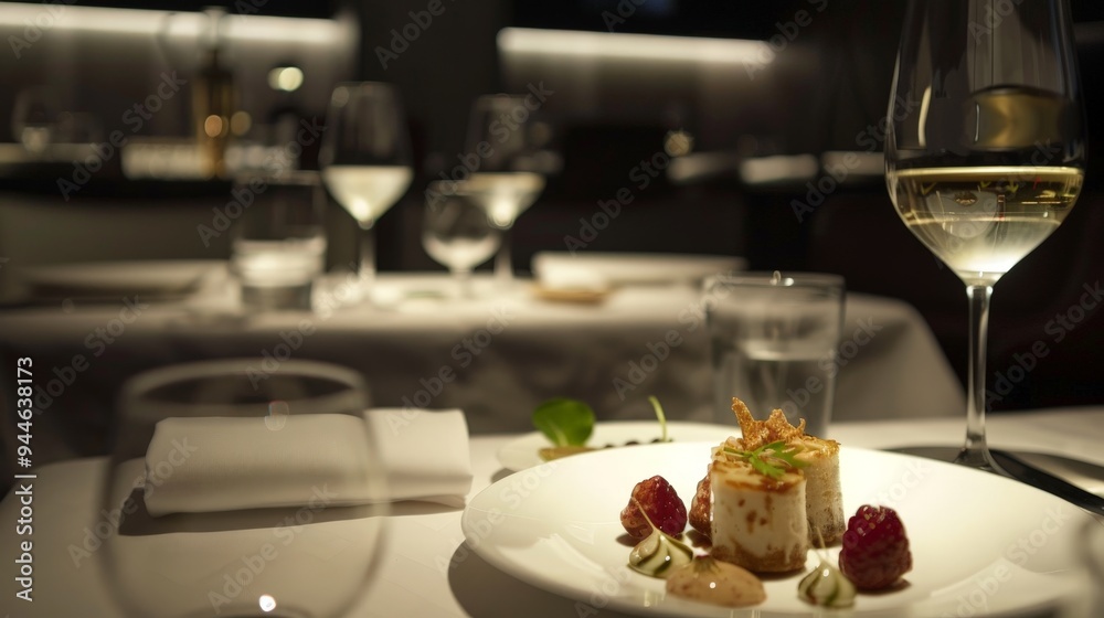 Gourmet dessert plate with white wine and a blurry background. Gourmet dessert plate with white wine and a blurry background.