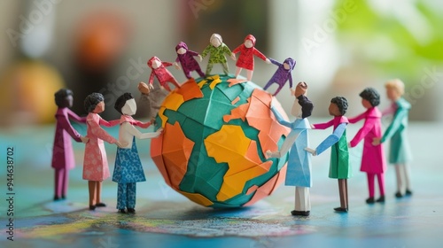 Paper people in different outfits hold hands in front of a globe on , symbolizing global unity and diversity. The concept of the day 