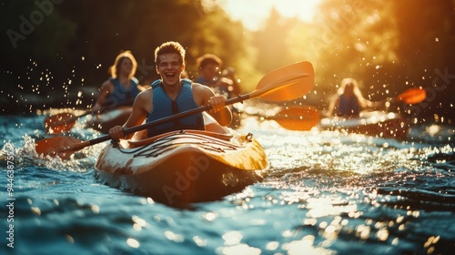 Portrait of children kayaking in tropical sea water photo