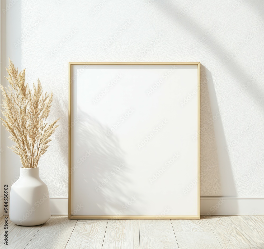 A slim golden picture frame stands against the wall, surrounded by wooden flooring and soft natural light, creating a serene and minimalistic atmosphere. Mockup A slim golden picture frame stands against the wall, surrounded by wooden flooring and soft natural light, creating a serene and minimalistic atmosphere. Mockup