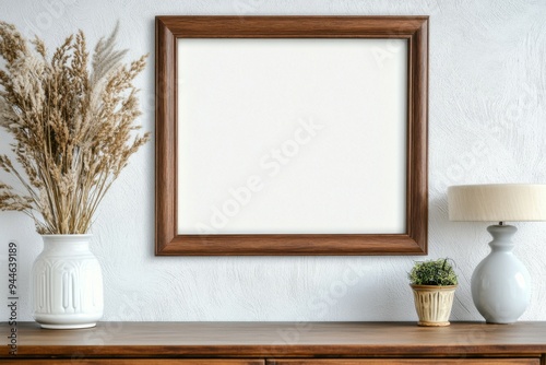 A vintage frame sits above a wooden dresser in a warm living room, complemented by natural decorations like indoor plants and textured walls that enhance the cozy atmosphere. Mockup
