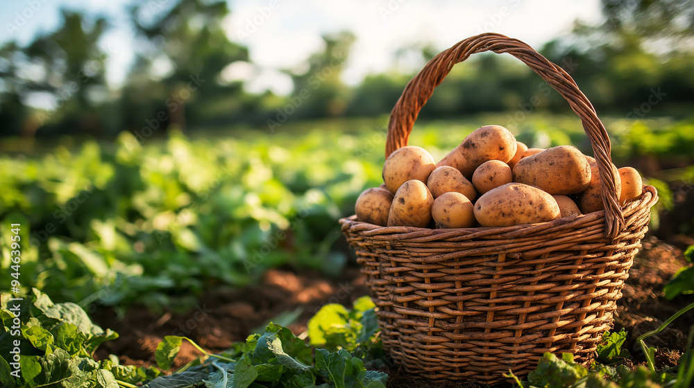 Wicker basket full of freshly harvested potatoes in a field Wicker basket full of freshly harvested potatoes in a field