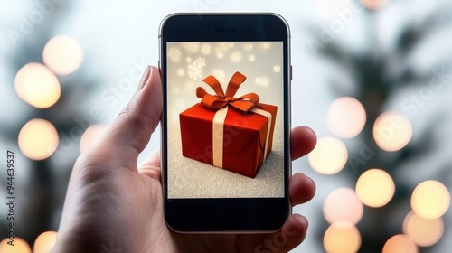 hand holding a mobile phone, on screen is a wrapped gift with ribbon, Christmas present,  depecting online retail shopping photo