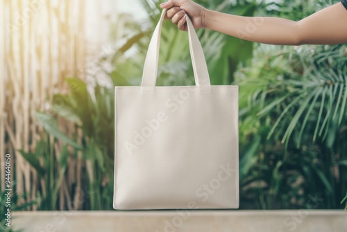 A woman is holding a blank solid white canvas tote bag outdoors during sunset. The bag is shown in close-up, highlighting its simple design and versatile use. Mockup photo