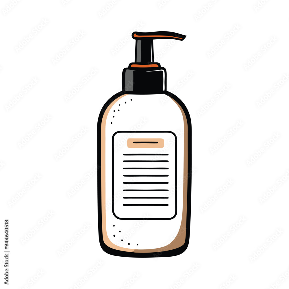 A detailed vector illustration of a body wash bottle with a pump dispenser, black cap, and a label. The bottle is opaque with a light tan color. A detailed vector illustration of a body wash bottle with a pump dispenser, black cap, and a label. The bottle is opaque with a light tan color.