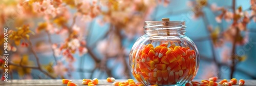 Candy corn inside a glass jar shaped like a pumpkin photo