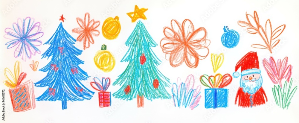 A colorful holiday drawing featuring a cheerful Santa Claus, a decorated Christmas tree, and festive gifts during winter celebrations A colorful holiday drawing featuring a cheerful Santa Claus, a decorated Christmas tree, and festive gifts during winter celebrations