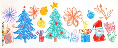 A colorful holiday drawing featuring a cheerful Santa Claus, a decorated Christmas tree, and festive gifts during winter celebrations photo